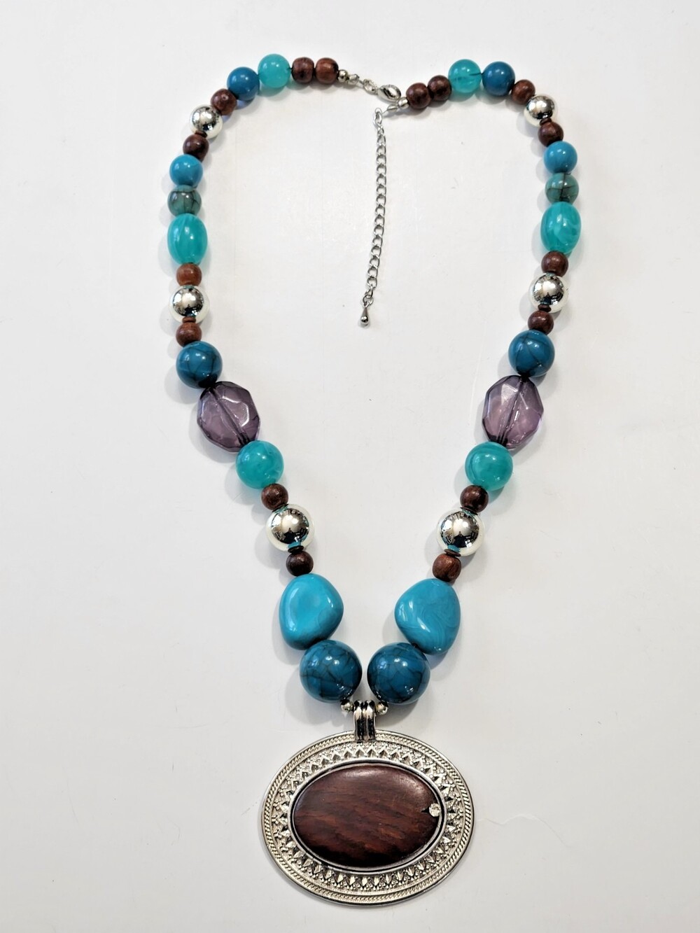 Chunky Bead Pendant Necklace Silvertone Blue Swirl Acrylic Brown Wood Boho Gypsy